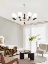Vintage Walnut Wood and Solid Brass Gasolier Chandelier Retro Glass Globe Pendant Light