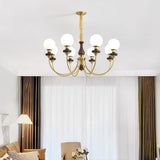 Vintage Walnut Wood and Solid Brass Gasolier Chandelier Retro Glass Globe Pendant Light
