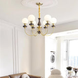 Vintage Walnut Wood and Solid Brass Gasolier Chandelier Retro Glass Globe Pendant Light