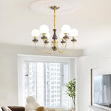 Vintage Walnut Wood and Solid Brass Gasolier Chandelier Retro Glass Globe Pendant Light