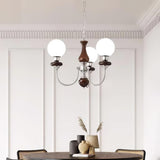Vintage Walnut Wood and Solid Brass Gasolier Chandelier Retro Glass Globe Pendant Light
