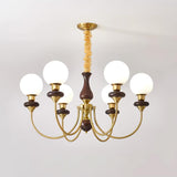Vintage Walnut Wood and Solid Brass Gasolier Chandelier Retro Glass Globe Pendant Light