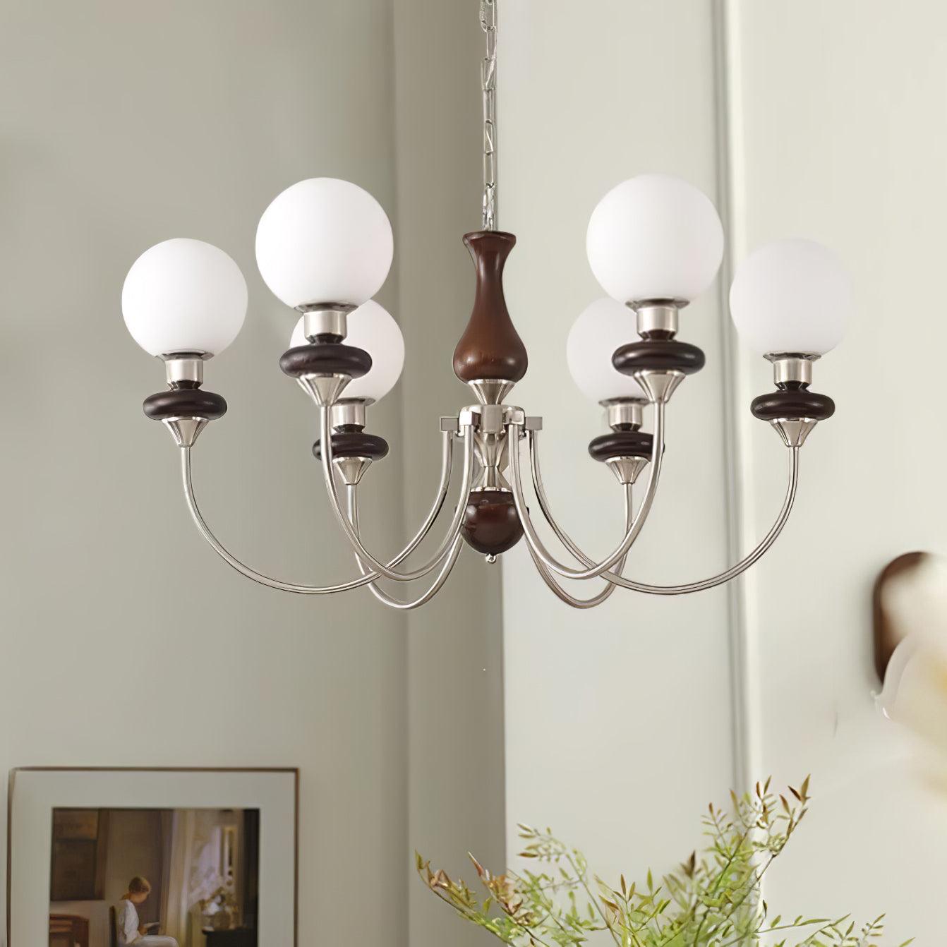 Vintage Walnut Wood and Solid Brass Gasolier Chandelier Retro Glass Globe Pendant Light