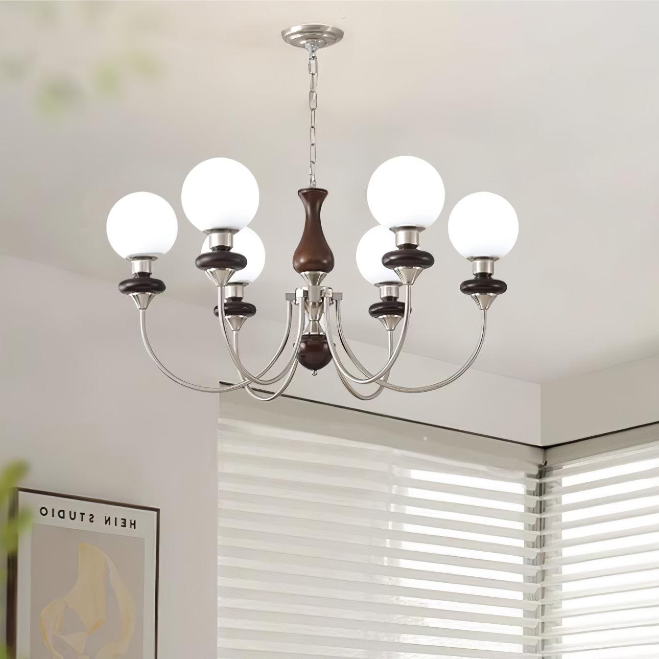 Vintage Walnut Wood and Solid Brass Gasolier Chandelier Retro Glass Globe Pendant Light