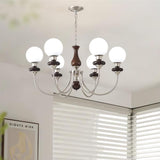 Vintage Walnut Wood and Solid Brass Gasolier Chandelier Retro Glass Globe Pendant Light
