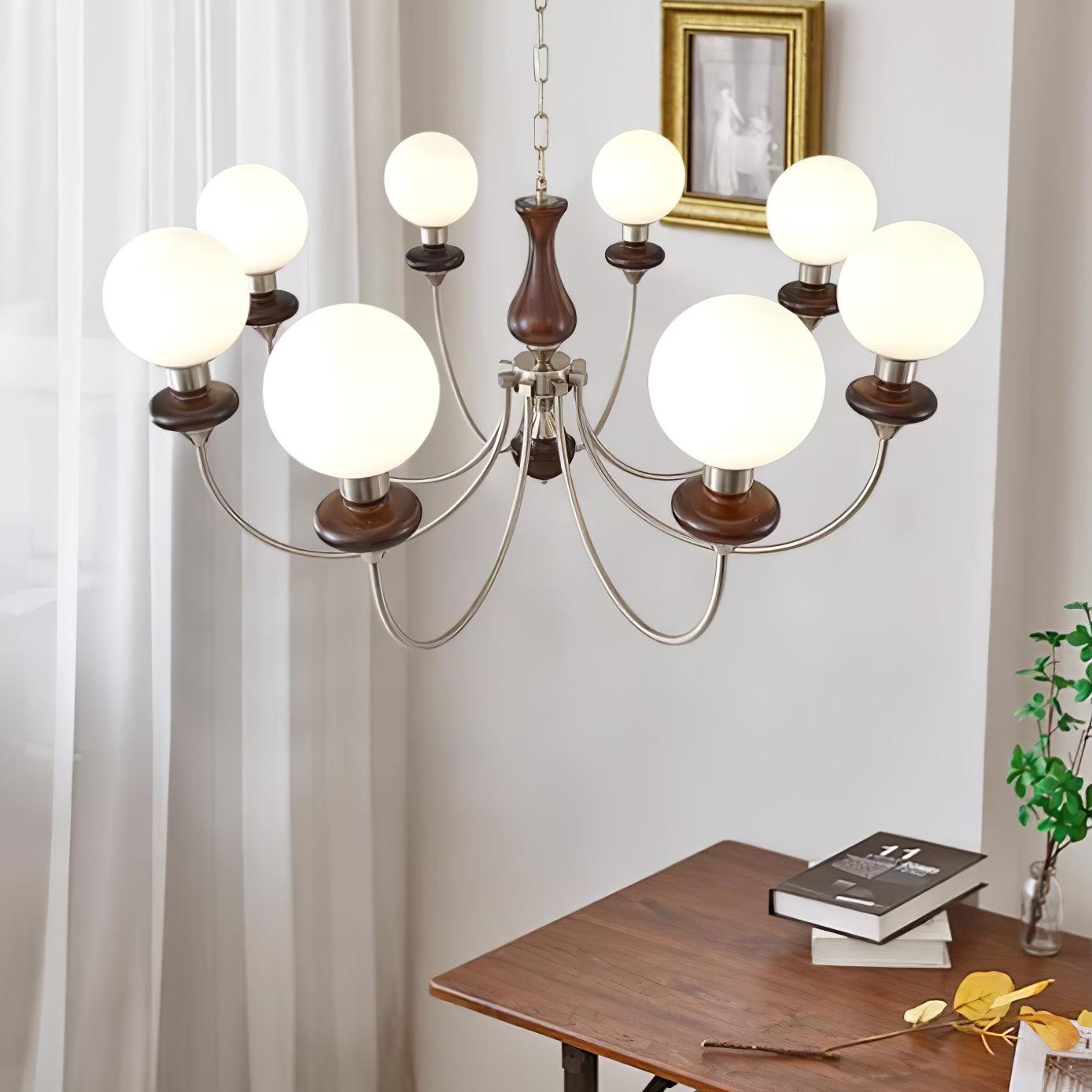 Vintage Walnut Wood and Solid Brass Gasolier Chandelier Retro Glass Globe Pendant Light