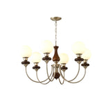 Vintage Walnut Wood and Solid Brass Gasolier Chandelier Retro Glass Globe Pendant Light