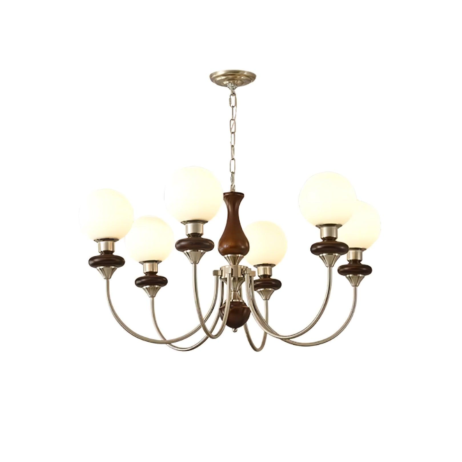 Vintage Walnut Wood and Solid Brass Gasolier Chandelier Retro Glass Globe Pendant Light