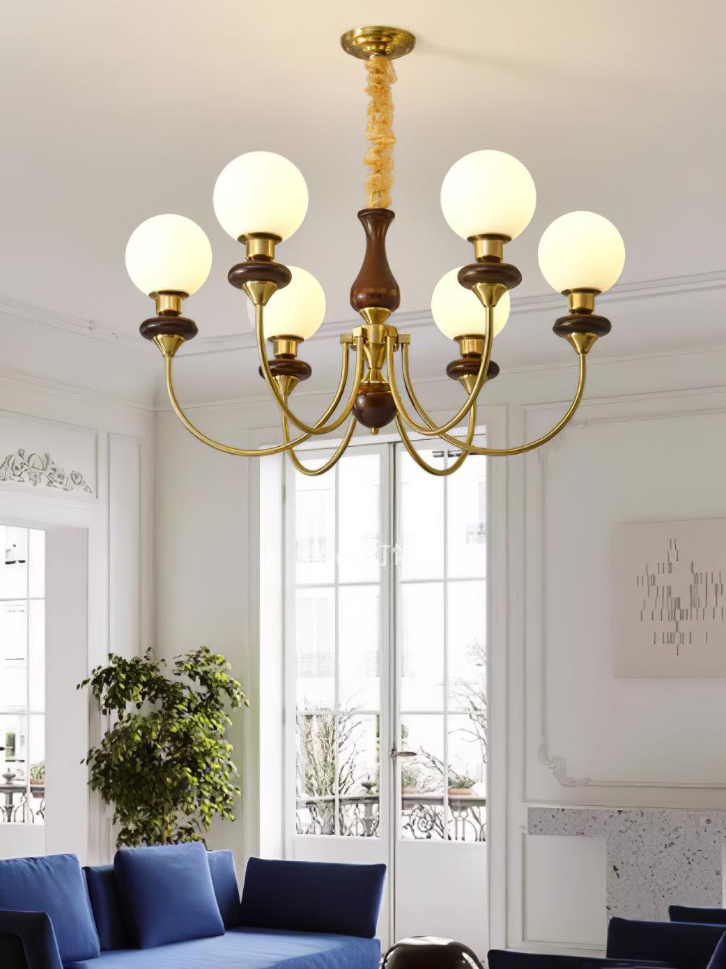Vintage Walnut Wood and Solid Brass Gasolier Chandelier Retro Glass Globe Pendant Light