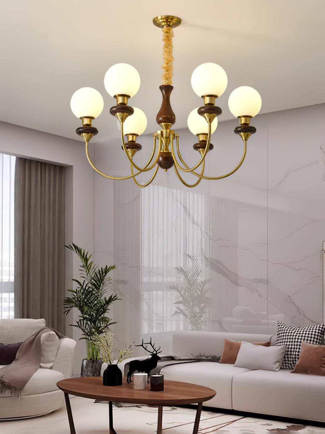 Vintage Walnut Wood and Solid Brass Gasolier Chandelier Retro Glass Globe Pendant Light