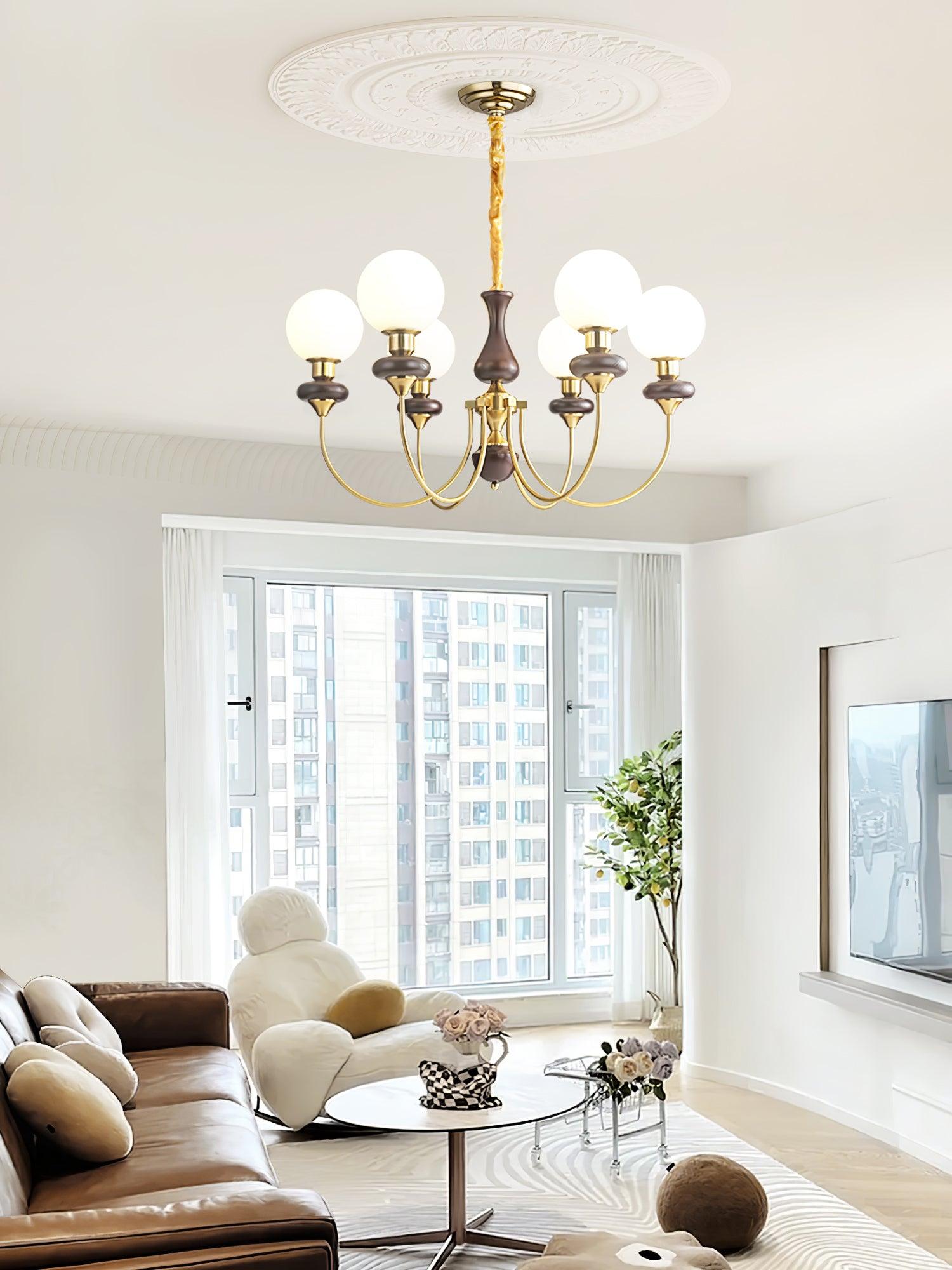 Vintage Walnut Wood and Solid Brass Gasolier Chandelier Retro Glass Globe Pendant Light