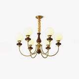 Vintage Walnut Wood and Solid Brass Gasolier Chandelier Retro Glass Globe Pendant Light