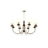 Vintage Walnut Wood and Solid Brass Gasolier Chandelier Retro Glass Globe Pendant Light