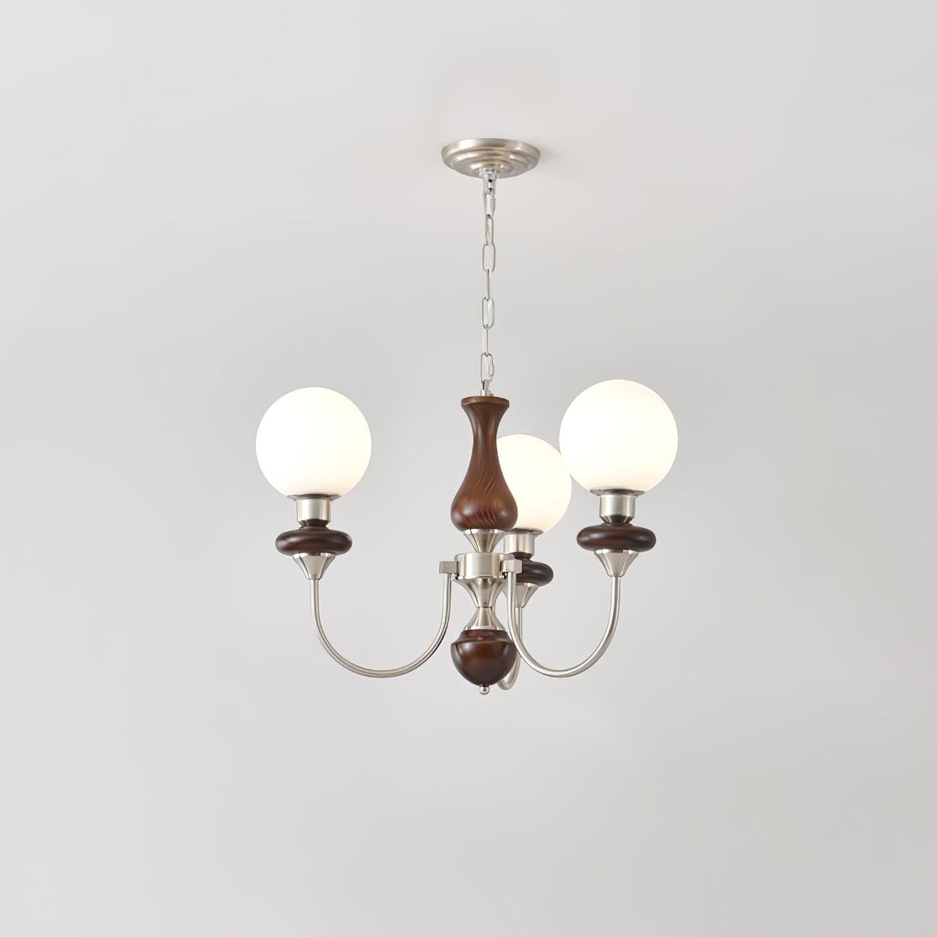 Vintage Walnut Wood and Solid Brass Gasolier Chandelier Retro Glass Globe Pendant Light