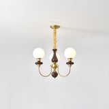 Vintage Walnut Wood and Solid Brass Gasolier Chandelier Retro Glass Globe Pendant Light