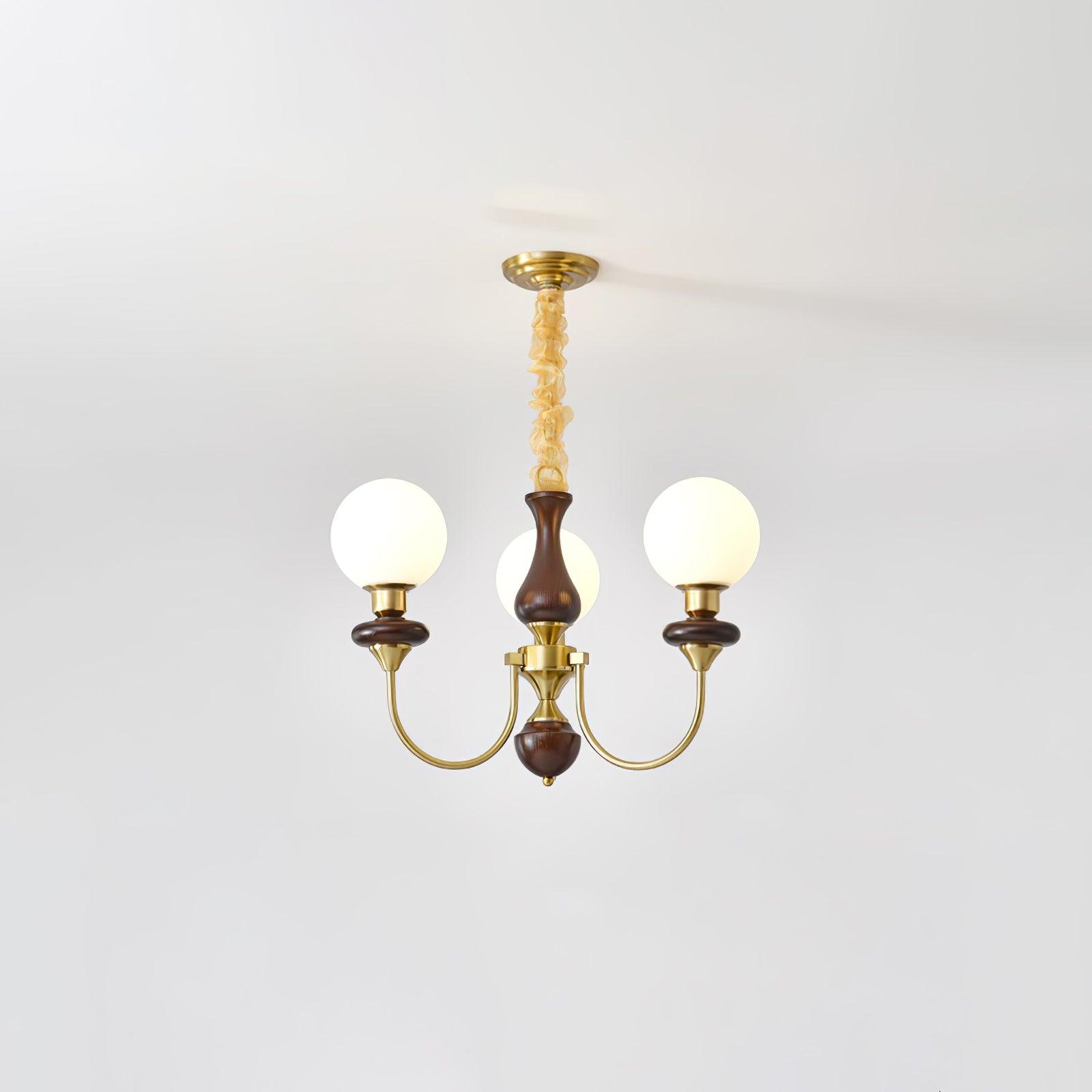 Vintage Walnut Wood and Solid Brass Gasolier Chandelier Retro Glass Globe Pendant Light