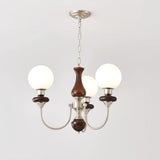 Vintage Walnut Wood and Solid Brass Gasolier Chandelier Retro Glass Globe Pendant Light