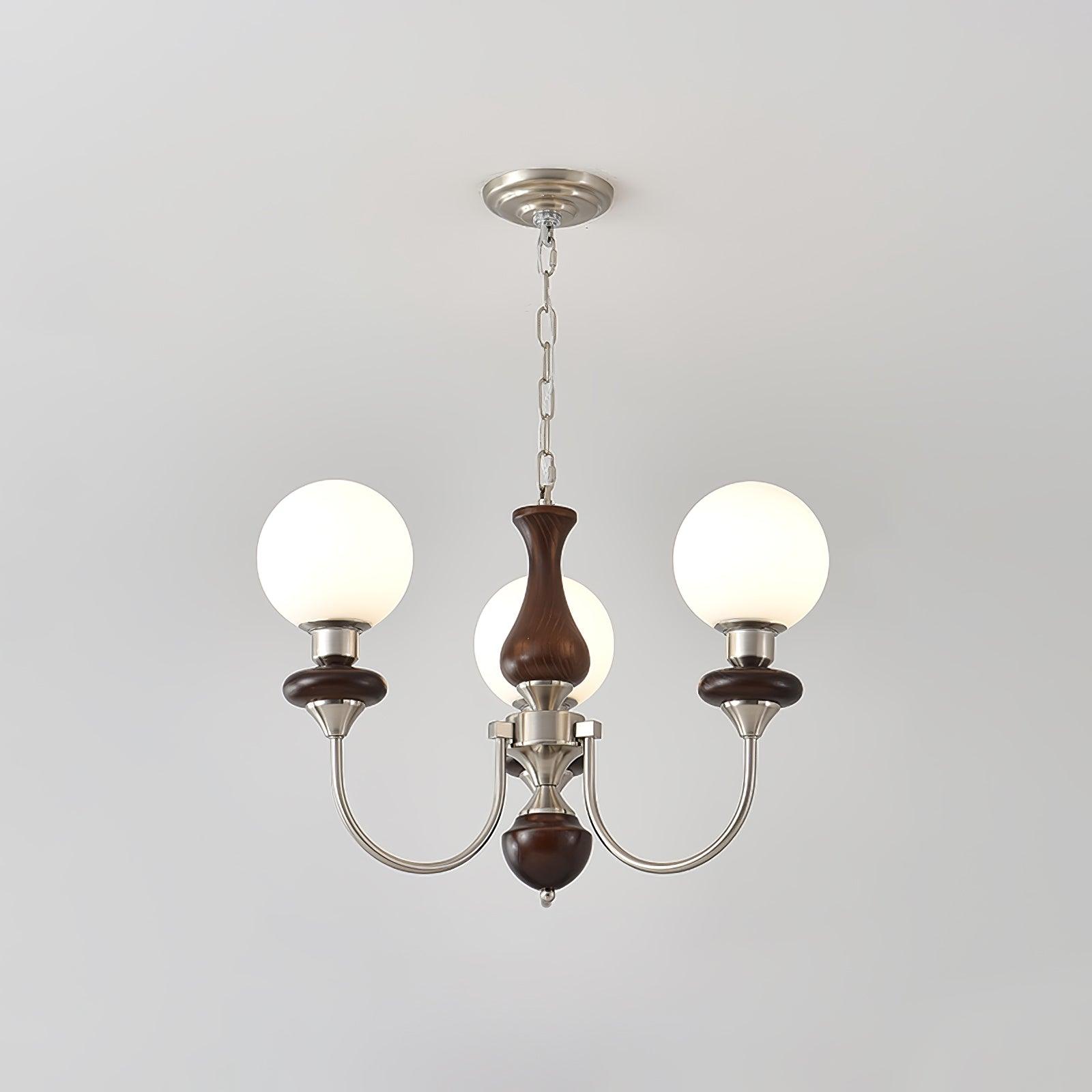 Vintage Walnut Wood and Solid Brass Gasolier Chandelier Retro Glass Globe Pendant Light