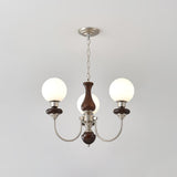 Vintage Walnut Wood and Solid Brass Gasolier Chandelier Retro Glass Globe Pendant Light