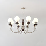Vintage Walnut Wood and Solid Brass Gasolier Chandelier Retro Glass Globe Pendant Light