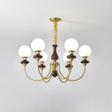 Vintage Walnut Wood and Solid Brass Gasolier Chandelier Retro Glass Globe Pendant Light