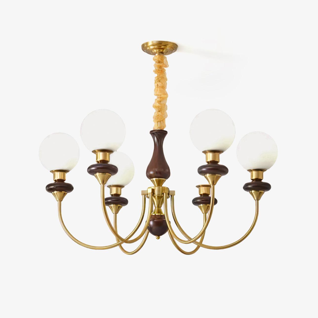Vintage Walnut Wood and Solid Brass Gasolier Chandelier Retro Glass Globe Pendant Light