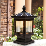 Vintage Window Grille Glass Shade Solar Pillar Lantern Waterproof Outdoor Fence Post Light