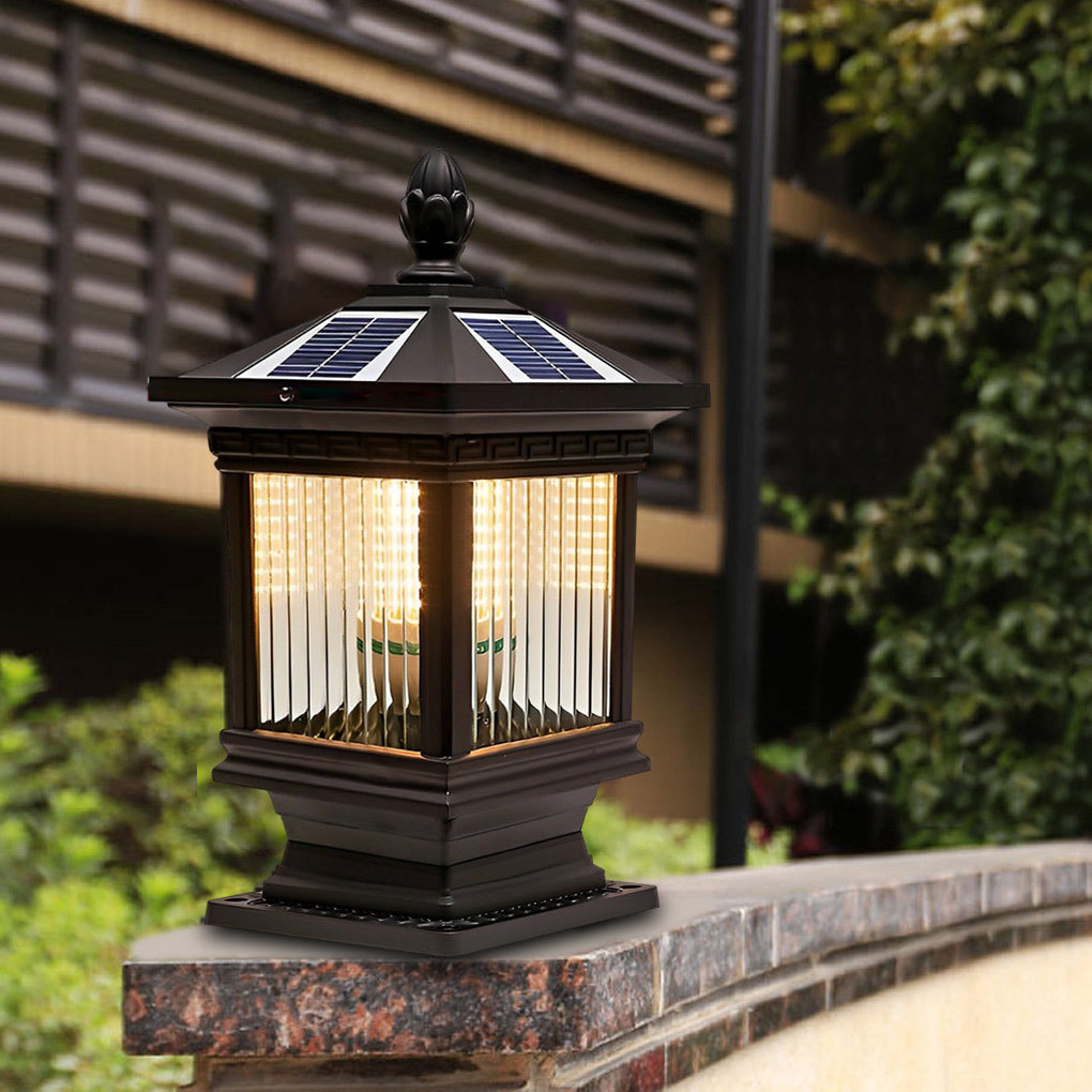 Vintage Window Grille Glass Shade Solar Pillar Lantern Waterproof Outdoor Fence Post Light