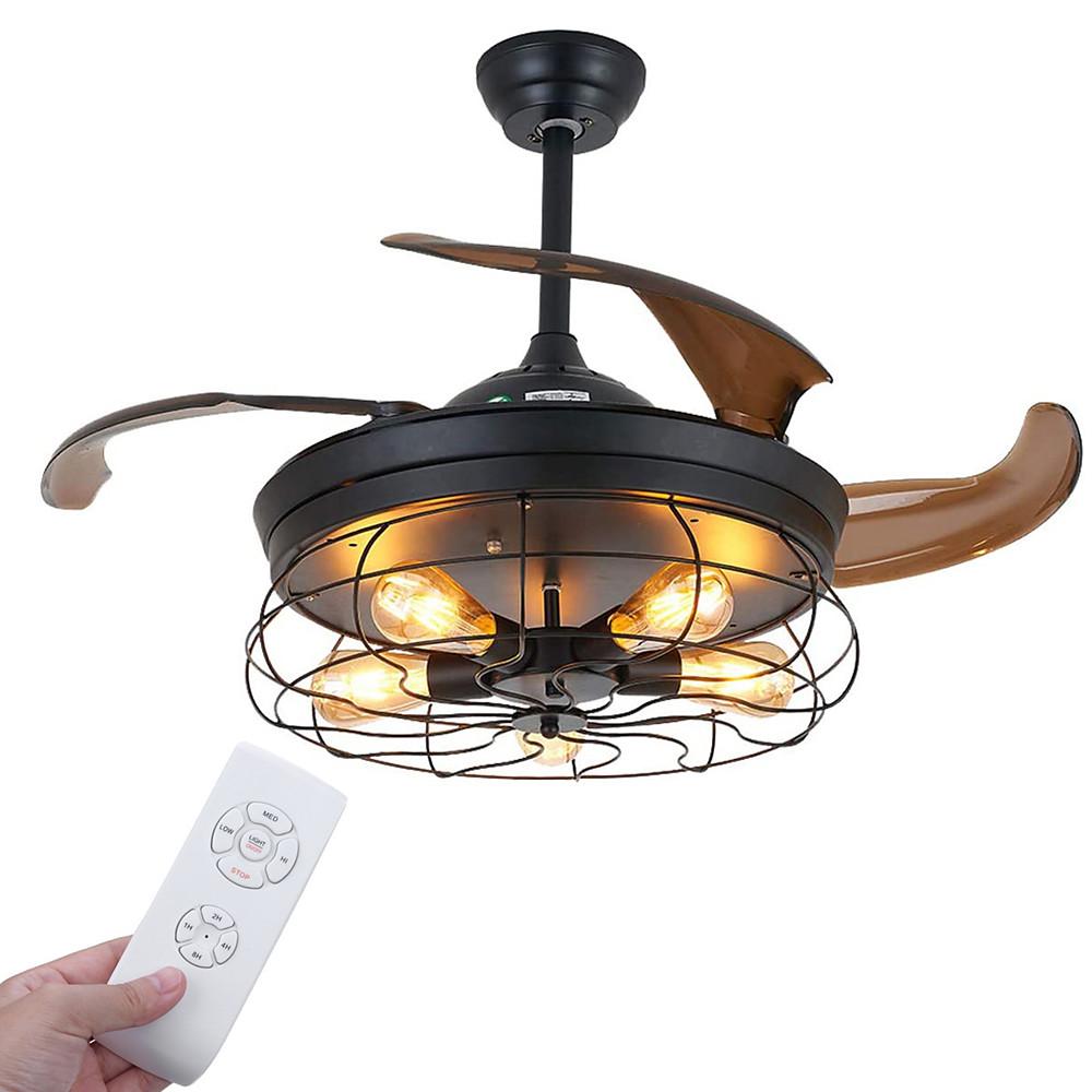43 Inch Black Industrial Retractable Ceiling Fan with Lantern Light for Living Room
