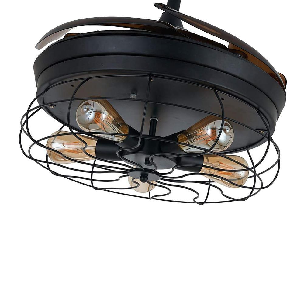 43 Inch Black Industrial Retractable Ceiling Fan with Lantern Light for Living Room