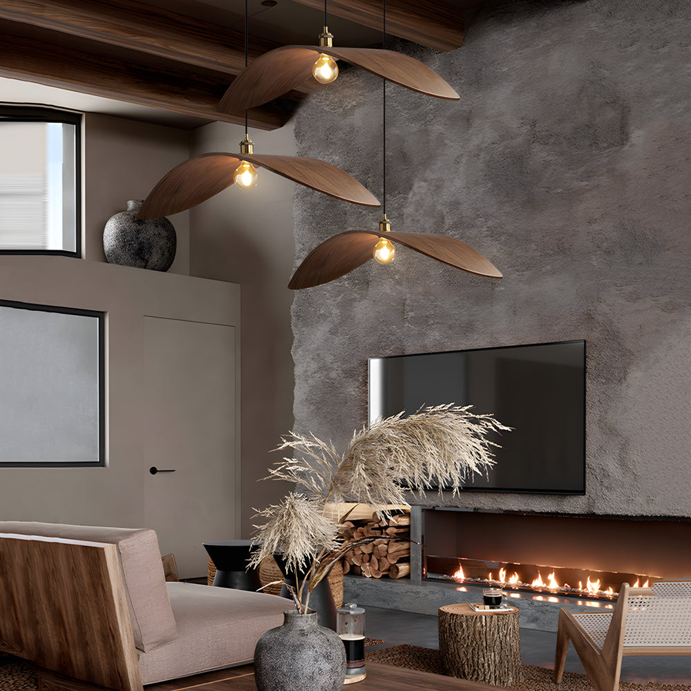 Walnut Leaf Curved Wooden Pendant Light Wabi Sabi Natural Wood Chandelier for Bar and Dining Room