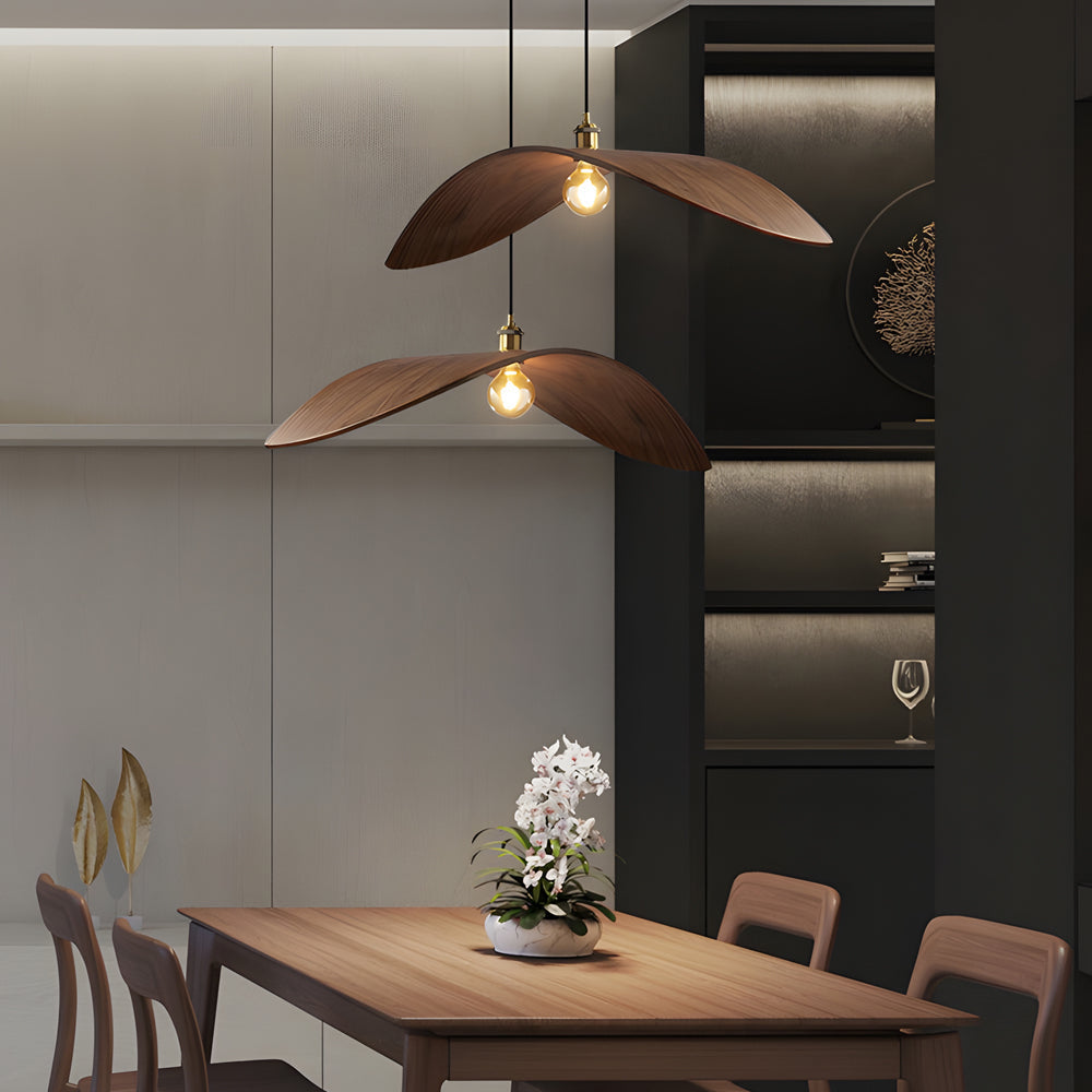 Walnut Leaf Curved Wooden Pendant Light Wabi Sabi Natural Wood Chandelier for Bar and Dining Room