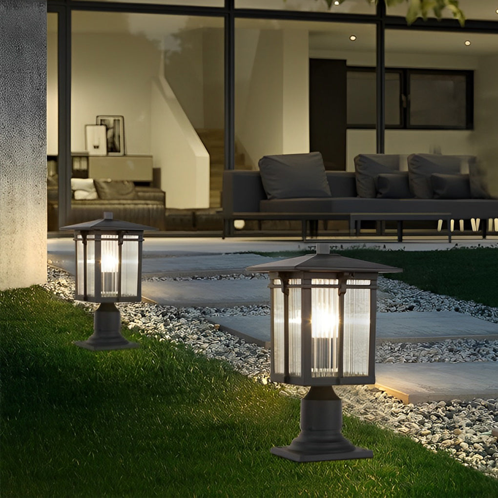 Waterproof Aluminum Outdoor Post Light with Striped Glass Shade and Black Finish for Garden Path Decor