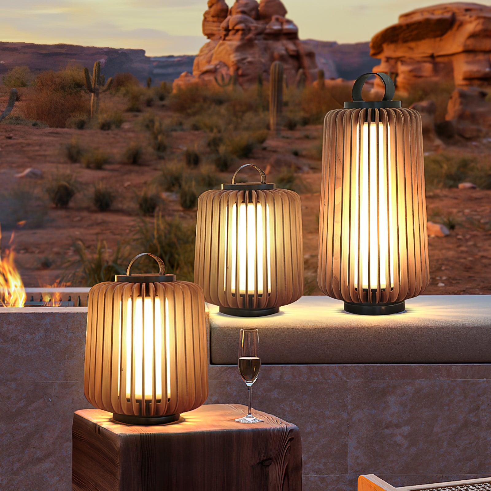 Waterproof Outdoor Portable Lantern for Patio Garden and Camping with Teak Wood Accents