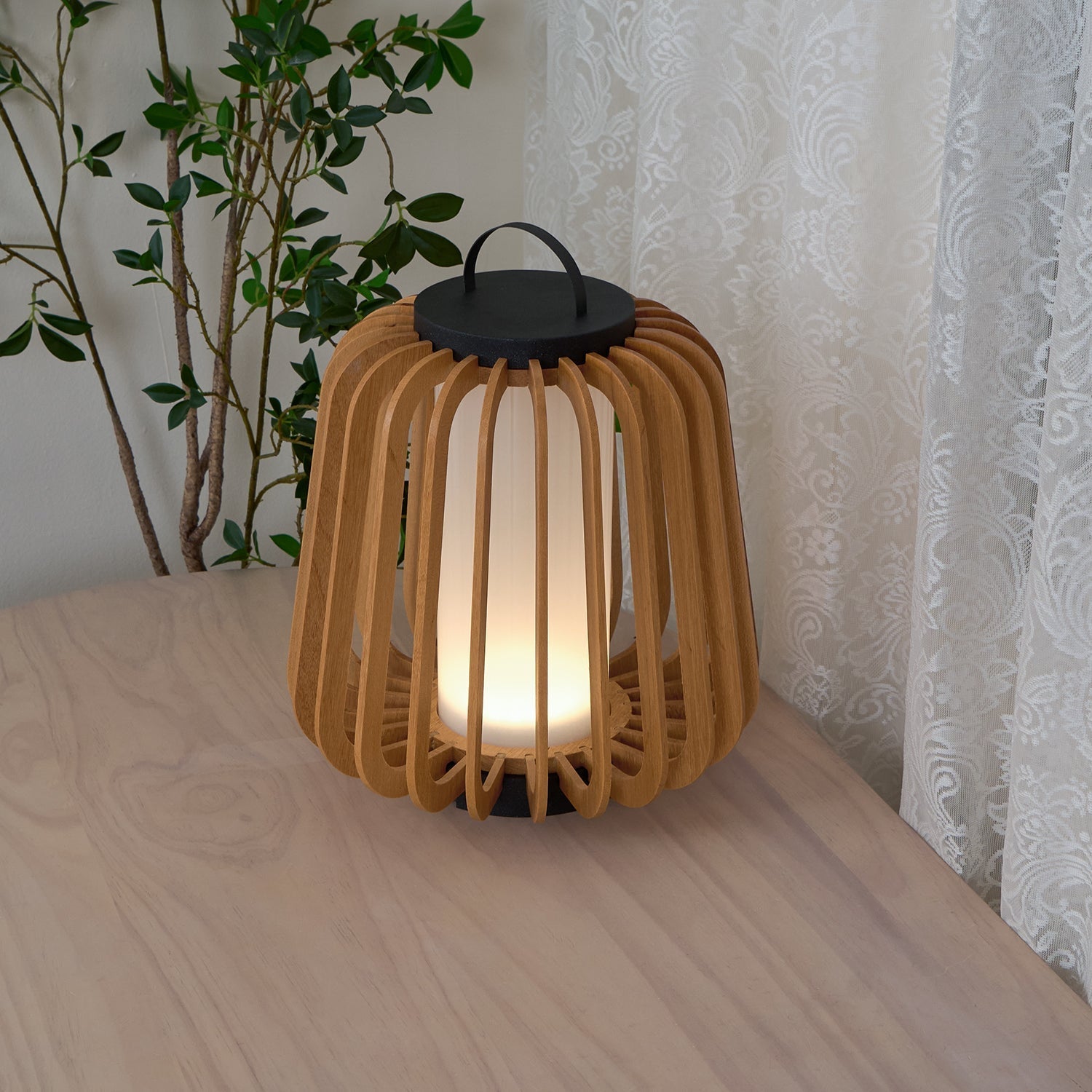 Waterproof Outdoor Portable Lantern for Patio Garden and Camping with Teak Wood Accents