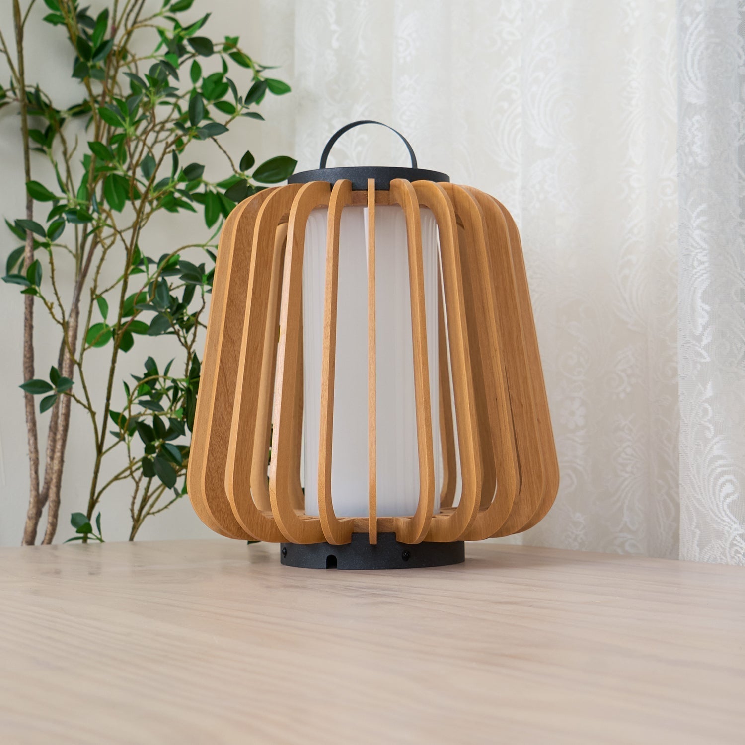 Waterproof Outdoor Portable Lantern for Patio Garden and Camping with Teak Wood Accents