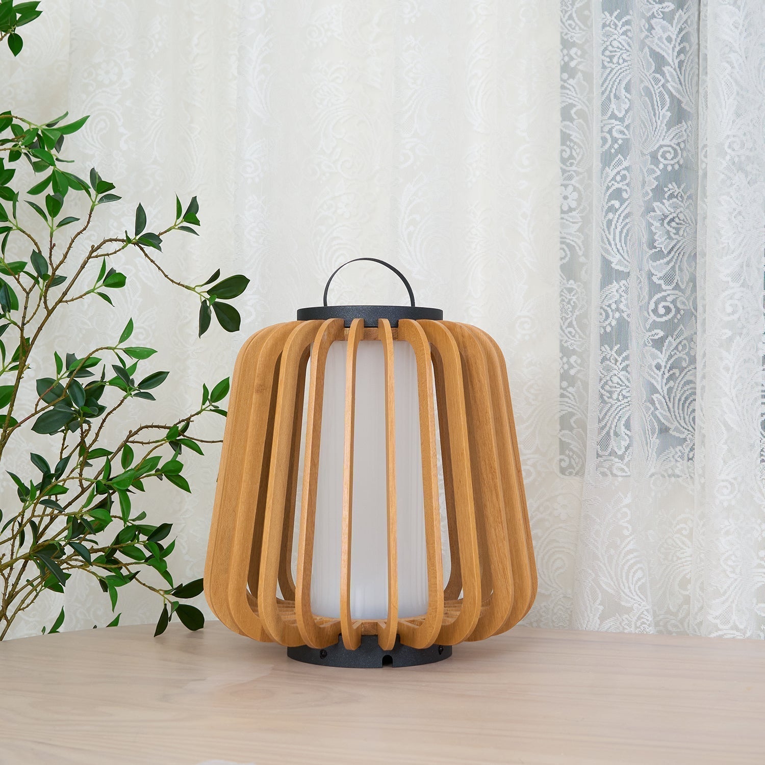 Waterproof Outdoor Portable Lantern for Patio Garden and Camping with Teak Wood Accents