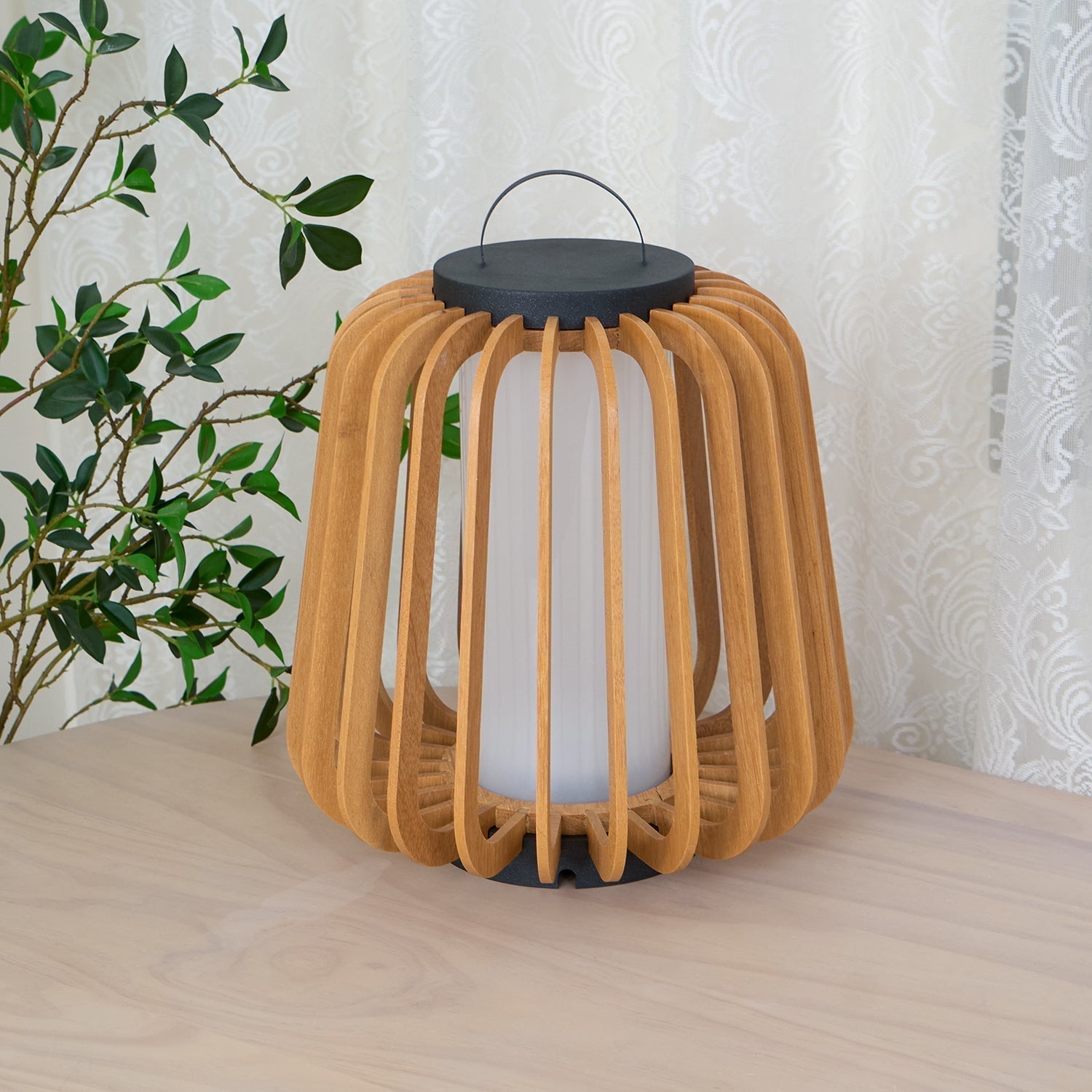 Waterproof Outdoor Portable Lantern for Patio Garden and Camping with Teak Wood Accents
