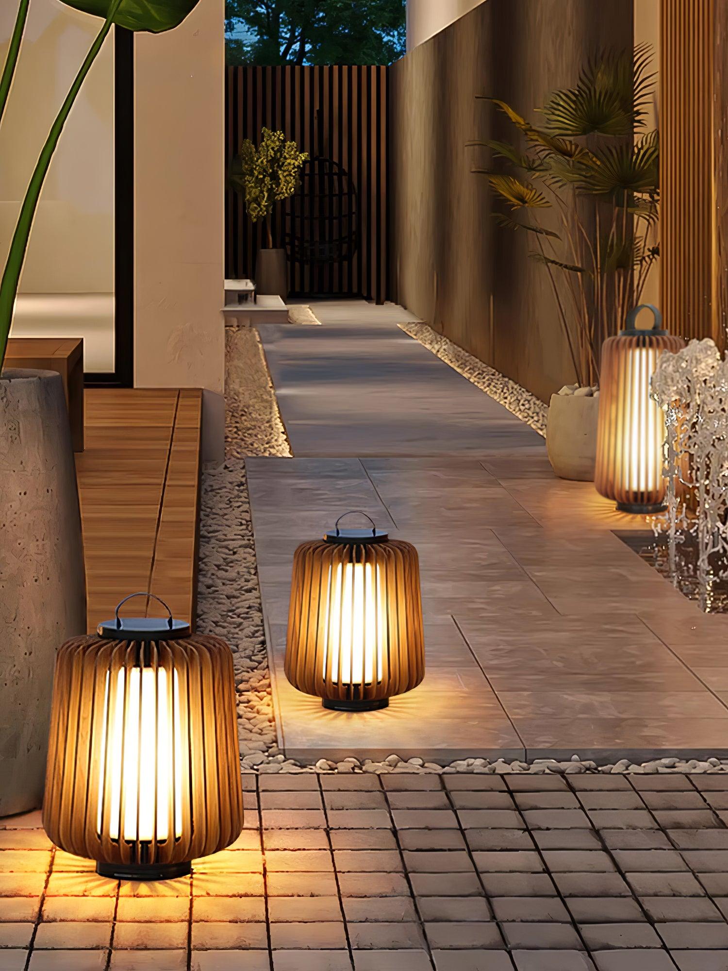 Waterproof Outdoor Portable Lantern for Patio Garden and Camping with Teak Wood Accents
