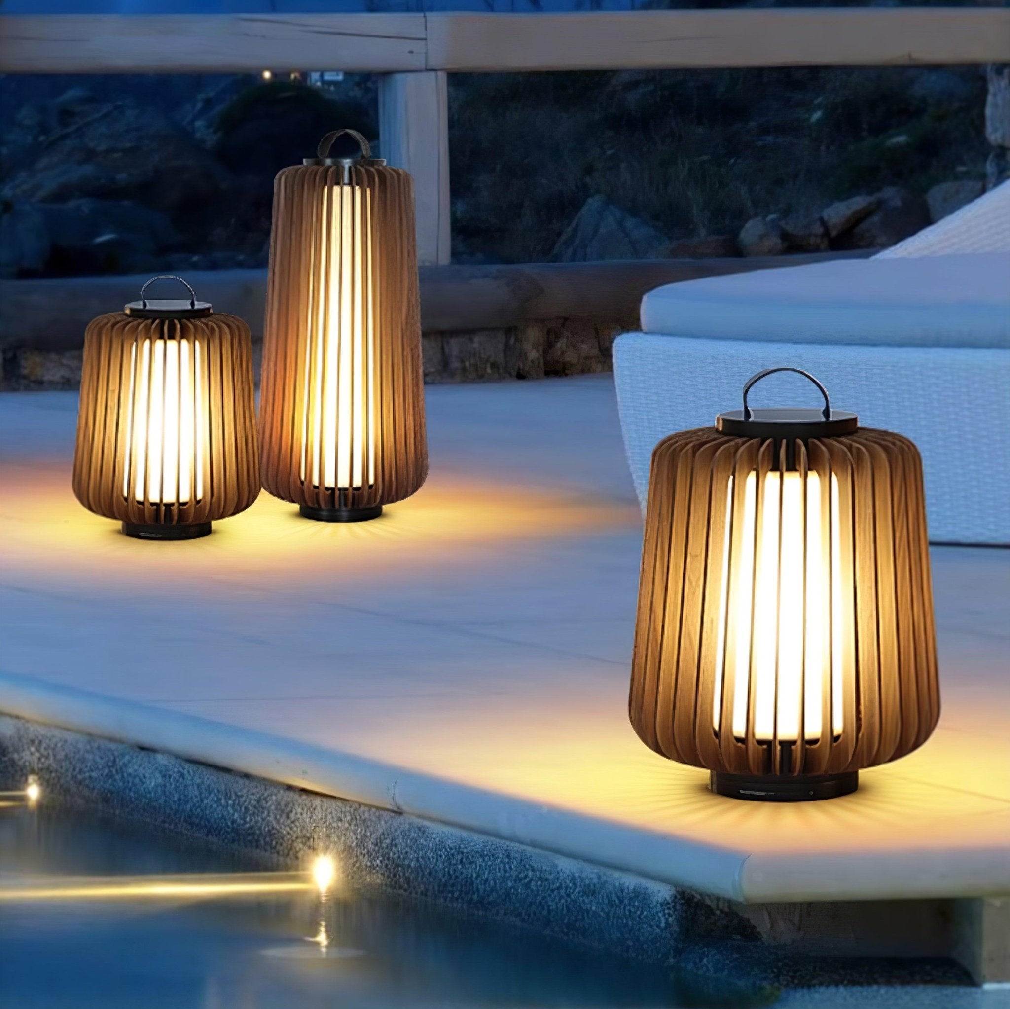 Waterproof Outdoor Portable Lantern for Patio Garden and Camping with Teak Wood Accents