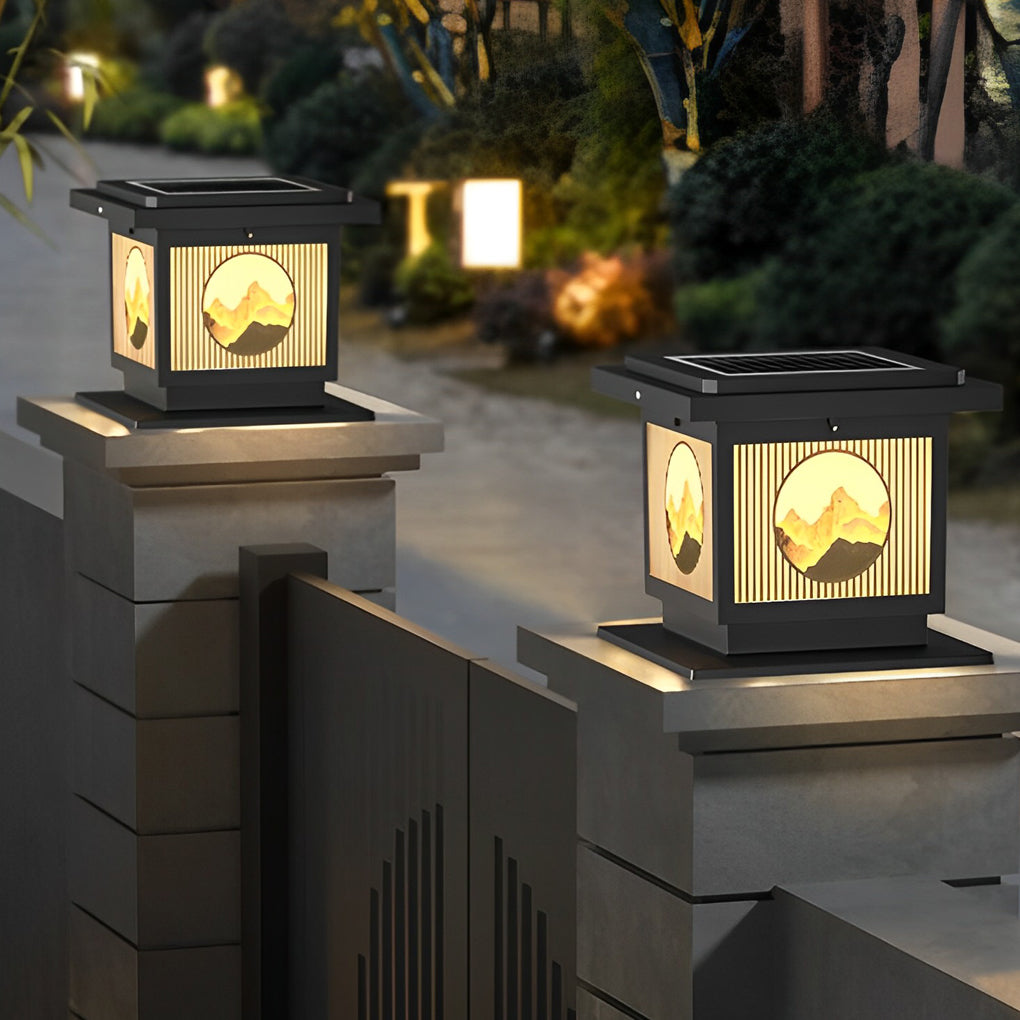 Waterproof Retro Square Solar Post Cap Light for Outdoor Fence with Mountain Scenery Design