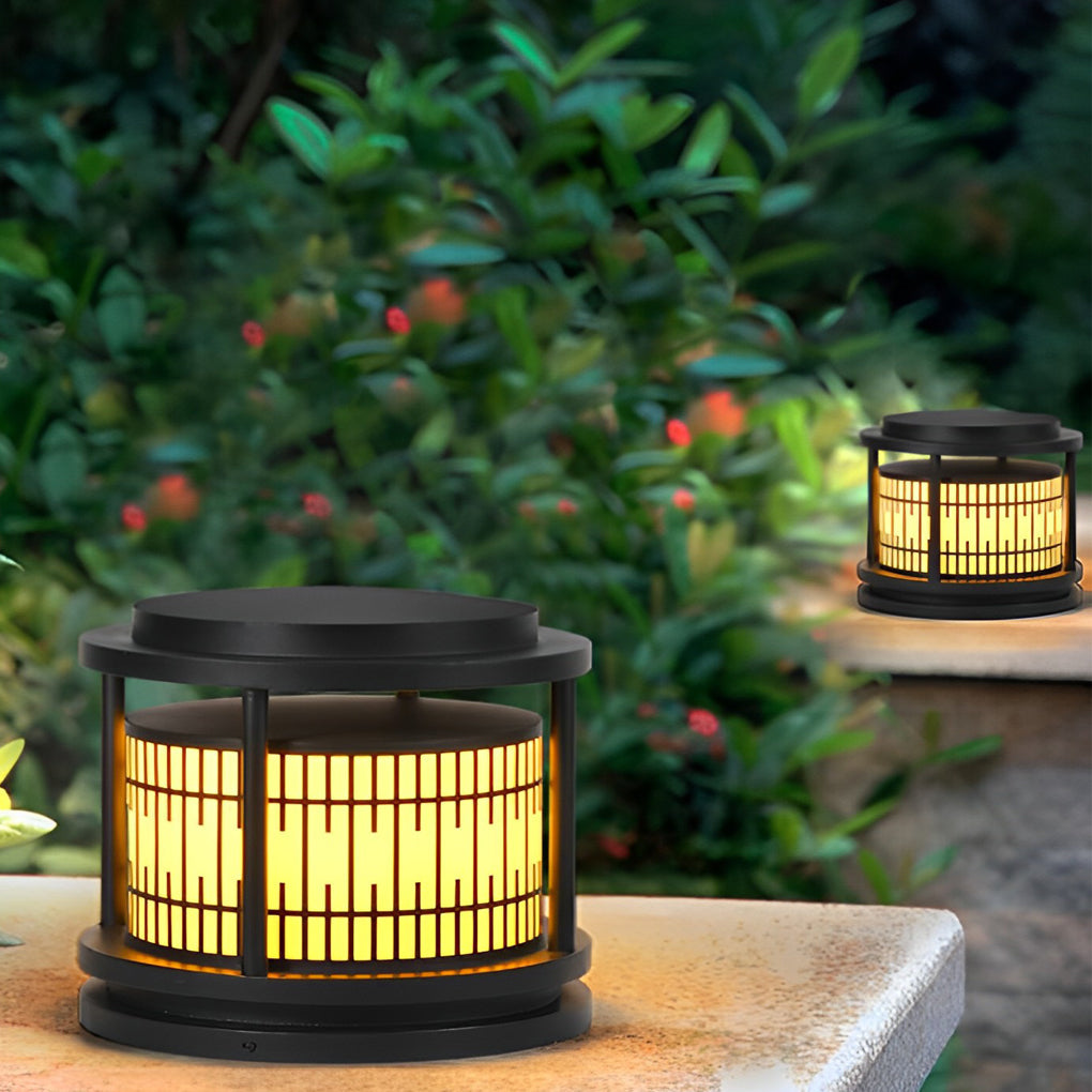 Waterproof Solar Fence Post Lights Retro Pattern Black LED Outdoor Pillar Lantern for Villa Garden