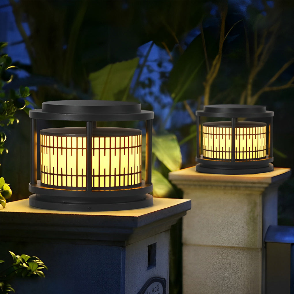 Waterproof Solar Fence Post Lights Retro Pattern Black LED Outdoor Pillar Lantern for Villa Garden