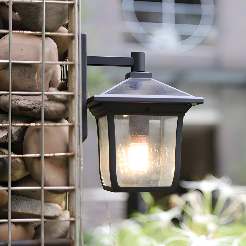 Waterproof Solar Powered Outdoor Wall Sconce Black Aluminum and Glass Exterior Garden Lantern