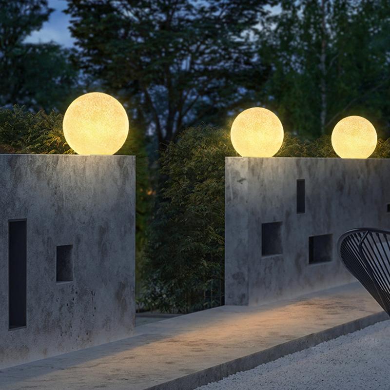 Waterproof White Resin Moon Ball LED Outdoor Post Light Modern Round Fence Sphere Lighting
