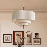 Wave Ladder Fabric Drum Pendant Light with Walnut Wood and Chrome Accents for Interior Lighting