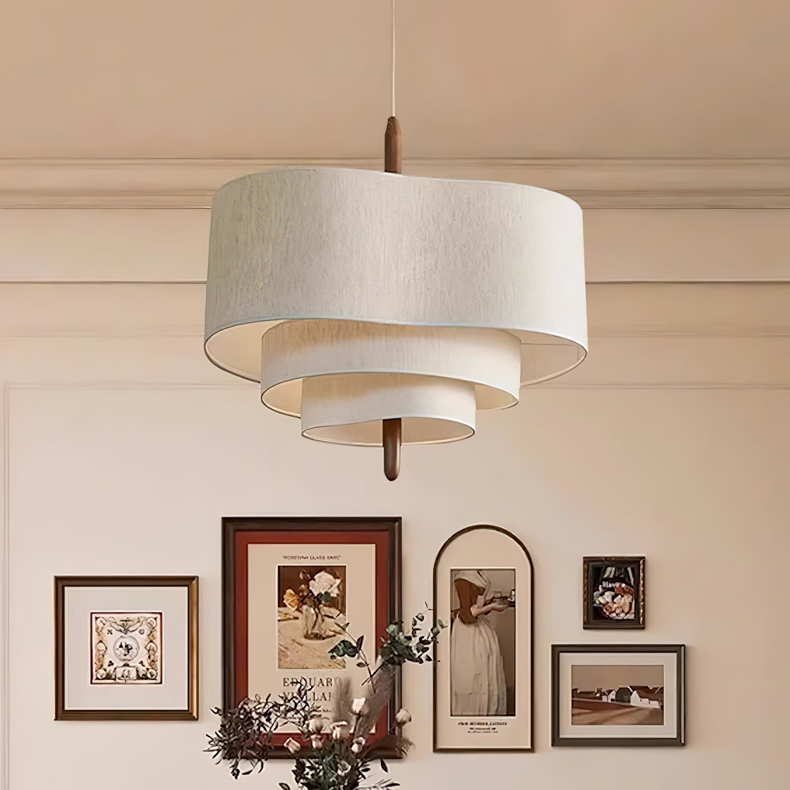 Wave Ladder Fabric Drum Pendant Light with Walnut Wood and Chrome Accents for Interior Lighting