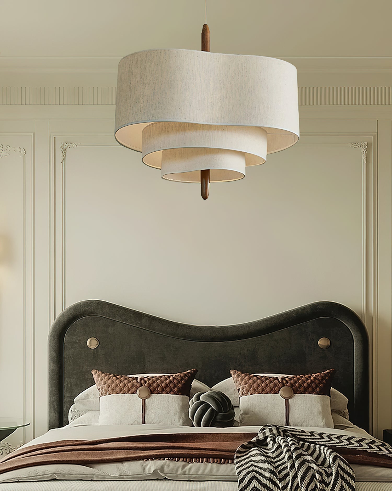 Wave Ladder Fabric Drum Pendant Light with Walnut Wood and Chrome Accents for Interior Lighting