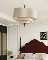 Wave Ladder Fabric Drum Pendant Light with Walnut Wood and Chrome Accents for Interior Lighting