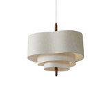 Wave Ladder Fabric Drum Pendant Light with Walnut Wood and Chrome Accents for Interior Lighting